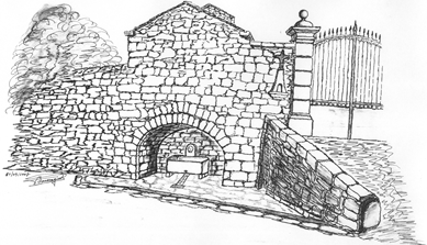 gravure de la fontaine de l'entrée du château